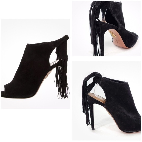 Aquazzura Black Suede Peep Toe Fringe Heels - Picture 1 of 12